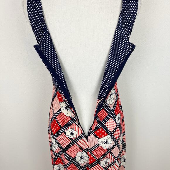 Vintage 70s Maxi Dress Sleeveless Groovy Polka Dot Floral Patchwork Blue Red - Picture 5 of 8